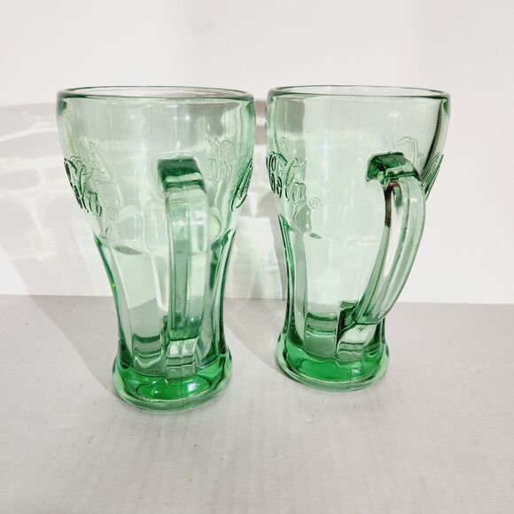 Libbey Coca Cola Mug Drinking Glass Handle Green Glass Vtg Embossed Design Retro - Picture 8 of 12